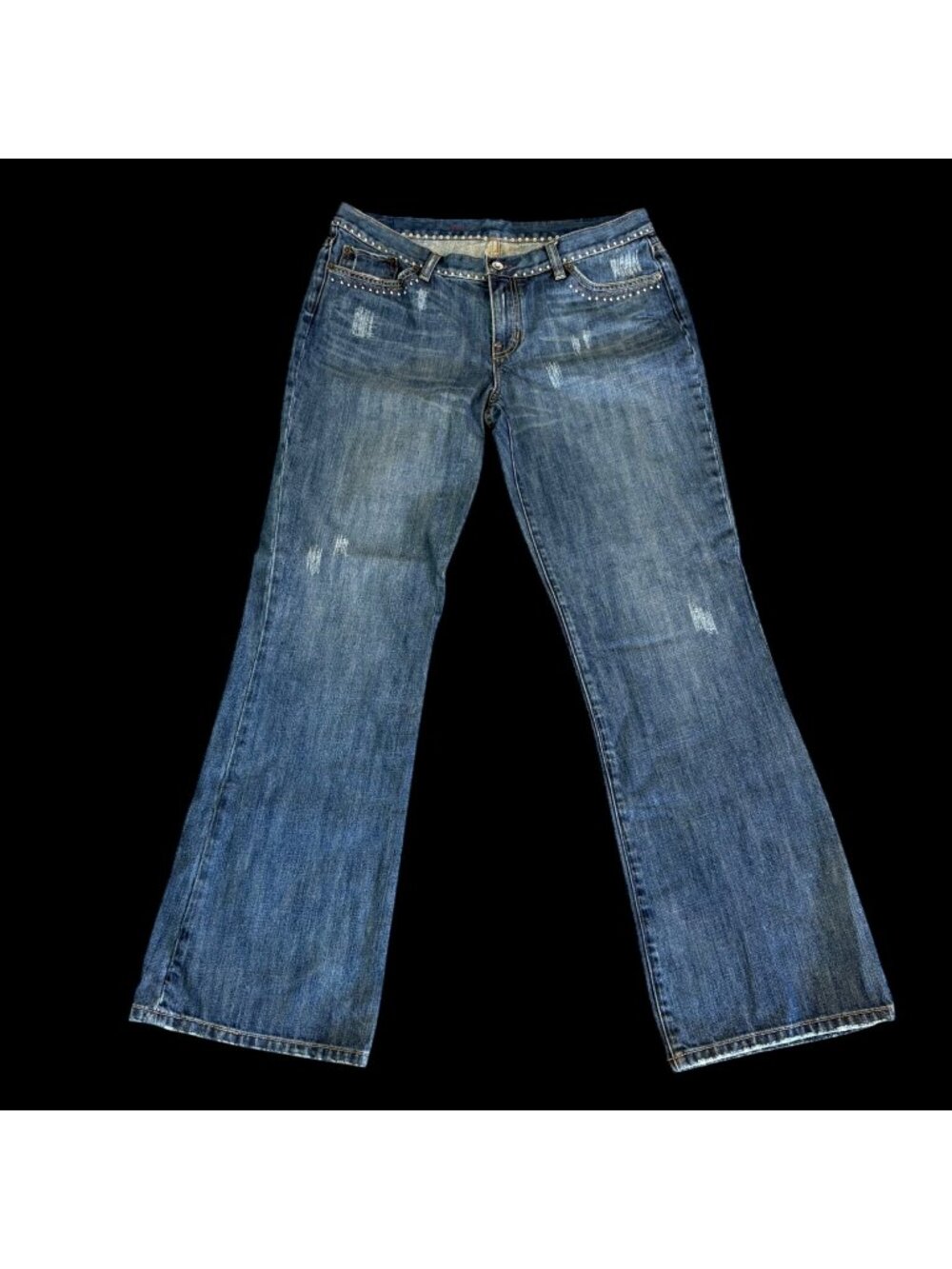 X2 Denim Laboratory Womens Flare Leg Studded Distressed Jeans Size 12 Blue